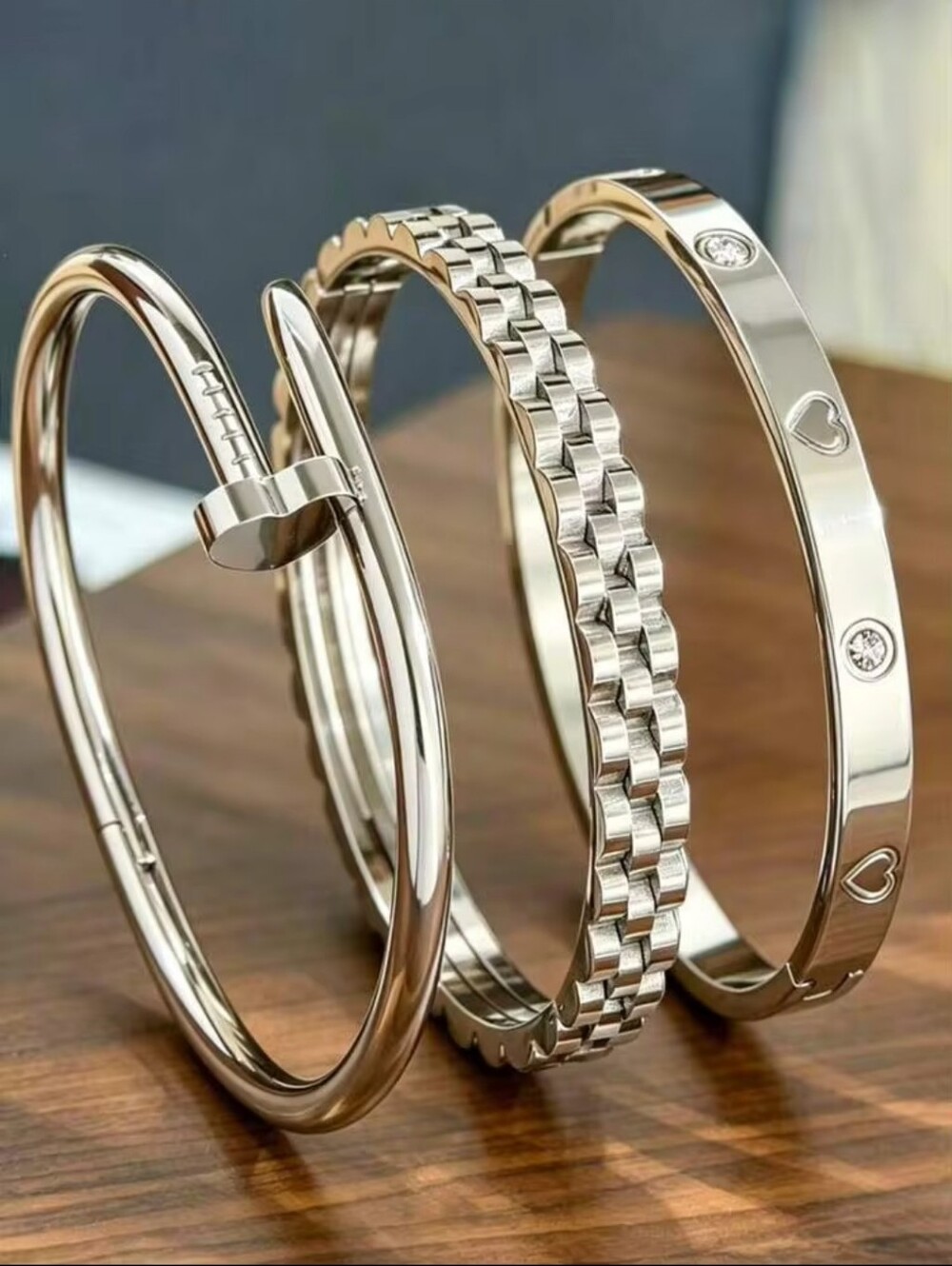 18K White Gold Plated Silver-Tone Crystal Accent 3-Piece Set Bracelet Stack - Picture 5 of 5